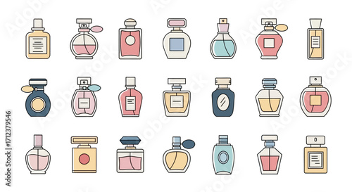 Collection of various perfume bottles in a doodle style, showcasing different shapes and designs.