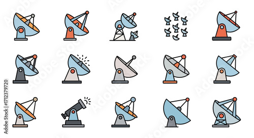 Collection of various satellite dish and radio telescope icons.