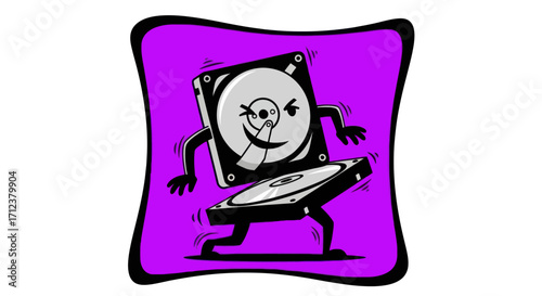 Animated computer hard drive character with a smile dancing.