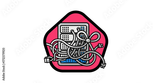 Server rack with tangled cables in a vibrant pink border.