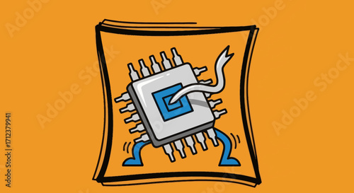 Funny cartoon computer chip character with legs and arms.