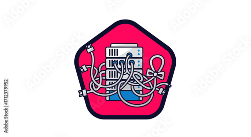Cartoon server rack with a messy tangle of cables.