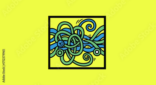 Abstract tangled lines and swirls in a vibrant color palette.