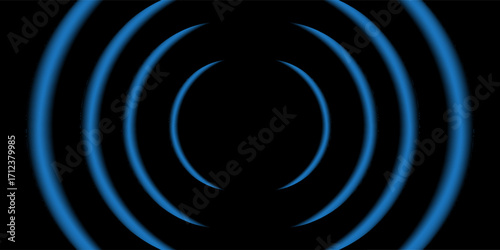 Futuristic neon background of blue glowing sound waves. Audio waveform visualization. Neon radar and searching process. Radial music and audio waves. Blue neon lights forming circles.