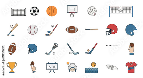 Collection of various sports equipment and gear icons for different games.