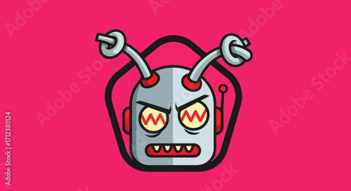 Angry robot head with antennas and glowing eyes illustration.