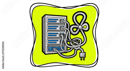 Server rack with cables and power plug data center equipment.