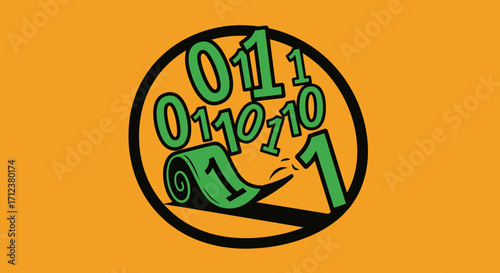Digital binary code data stream unrolling in a circular abstract design.