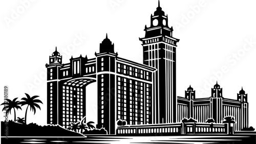 High resolution black and white city skyline silhouette with architectural detail and subtle color accents