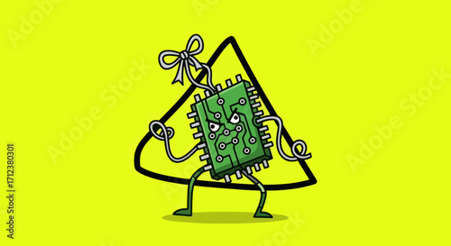 Angry Green Computer Chip Cartoon Character Illustration.