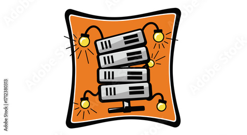 Server rack with glowing light bulbs in a stylized orange frame.