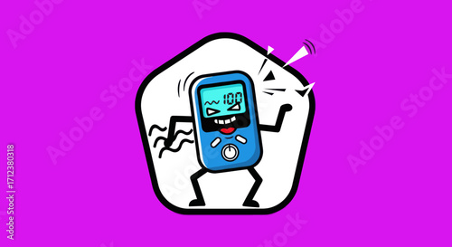 Cartoon Glucometer Character with High Blood Sugar Reading.
