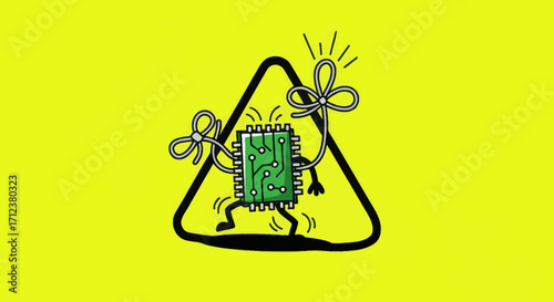 Cartoon microchip with legs and arms inside a warning triangle.