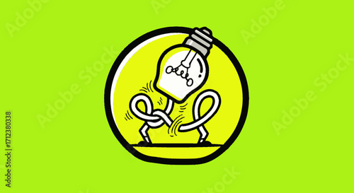 Creative cartoon lightbulb character powering itself with its own cord.