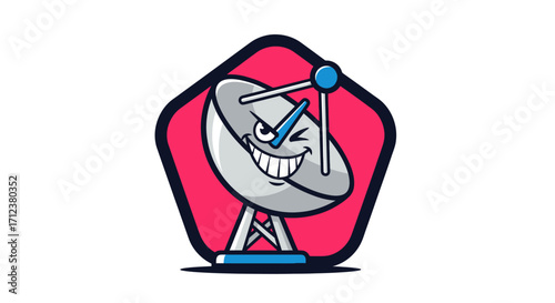 Cartoon Satellite Dish with Mischievous Expression in Red Frame.