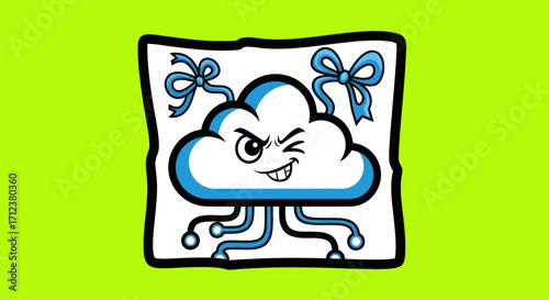 Animated cloud character with a mischievous expression and playful ribbons.