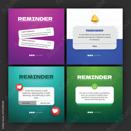 Reminder notifications templates set for social media. 3D-style notification. Variables: colorful design and reminder note layouts with a motivation letter, a place for text

