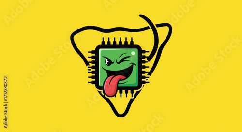Mischievous Green Computer Chip Mascot Winking Playfully.