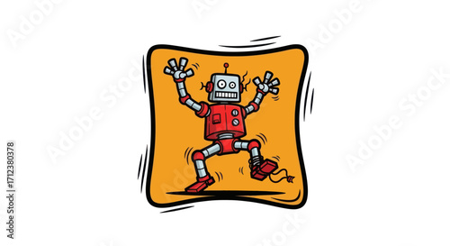 Funny retro toy robot in a dynamic dancing pose.