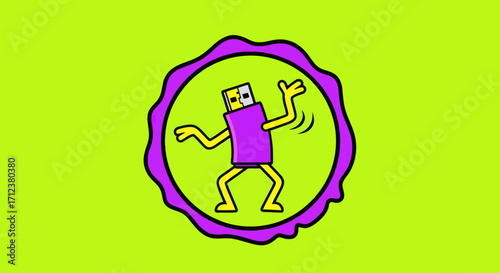 Playful cartoon USB flash drive character dancing happily.