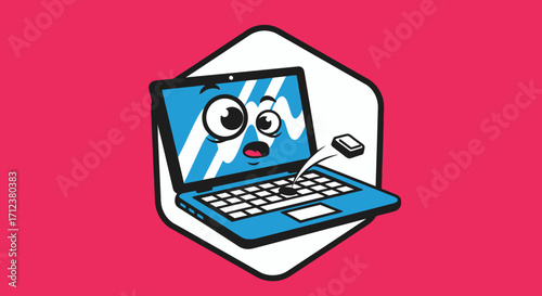 Cartoon laptop with broken keyboard needs repair.