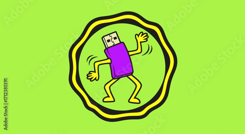 Dancing USB flash drive character with arms and legs.