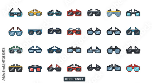 Collection of various sunglasses designs in different colors and styles for fashion.
