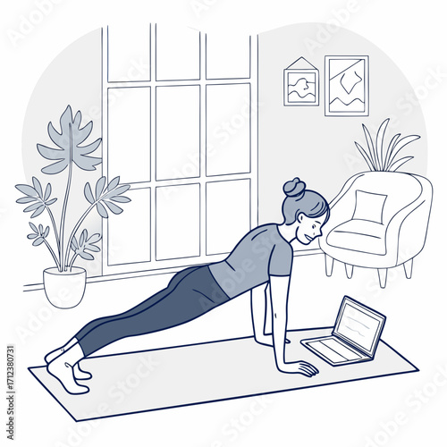 A woman practicing yoga in a living room while watching an online class on her laptop, flat graphic style, with indoor plants and large window in background. Vector .