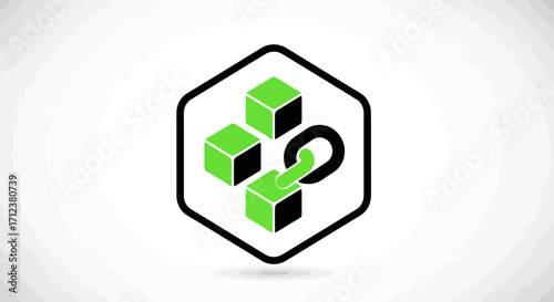 Blockchain technology concept with green cubes and chain link inside hexagon.