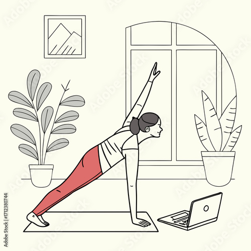A woman practicing yoga in a living room while watching an online class on her laptop, flat graphic style, with indoor plants and large window in background. Vector .