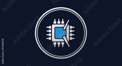 Microchip with a blue core and silver casing symbolizing advanced technology and processing power.