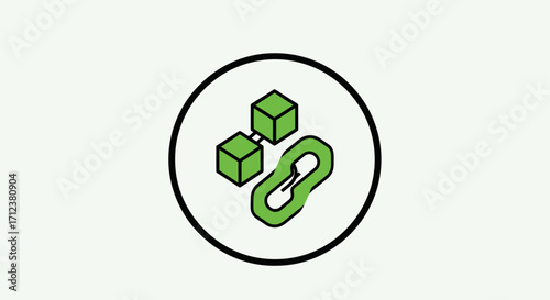 Blockchain Connection: Cubes Linked by Chain in Circular Frame.
