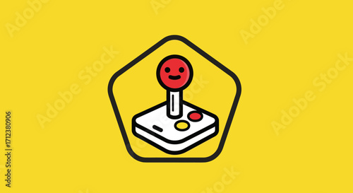 Retro arcade joystick and controller with happy face icon.