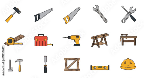 Collection of various tools for construction and carpentry work.