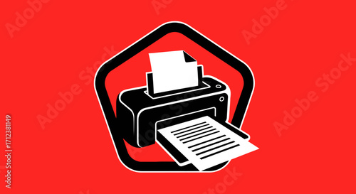 Printer Icon with Paper Output on Red Background.