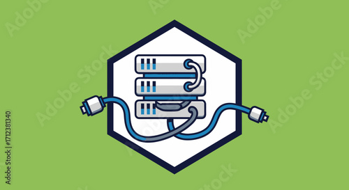 Server Rack with Cables in Hexagon Frame Illustration.