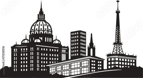 High resolution black and white city skyline silhouette graphic design for modern urban projects