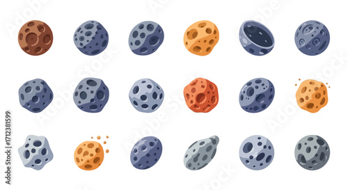 Collection of Watercolor Planets and Asteroids with Craters.