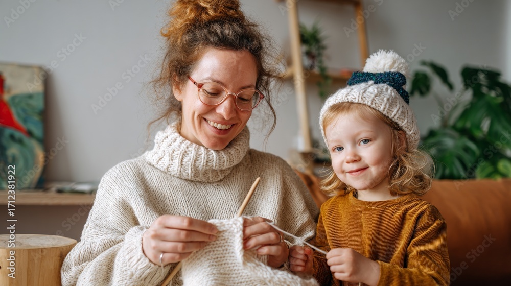 Obraz premium Woman and child knitting together at home.