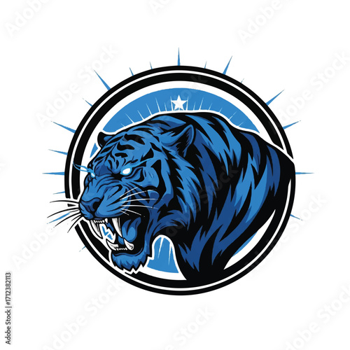 A fierce blue tiger's head, powerfully rendered within a circular emblem, radiating energy.