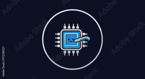 Circular icon representing a computer microprocessor chip being touched.