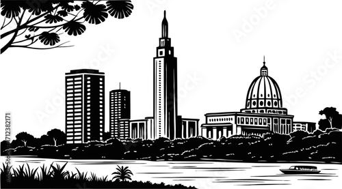 High resolution black and white city skyline silhouette design for modern urban visuals
