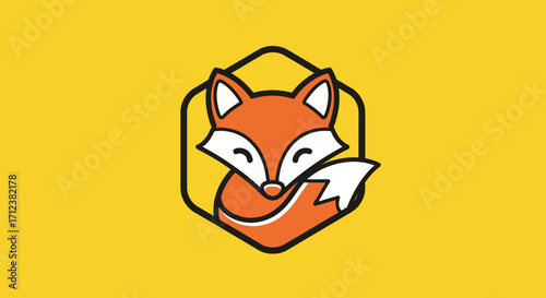 Cute stylized fox logo design with hexagonal shape.