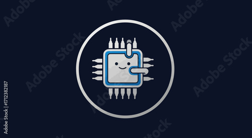 Cute cartoon computer chip icon with friendly face inside circle.