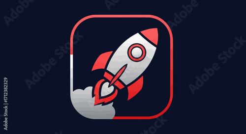 Graphic rocket icon launching with smoke trail and red accents symbolizing speed and innovation.