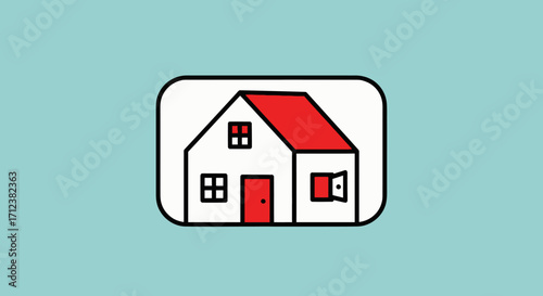 Simple House Illustration with Red Roof and Door.