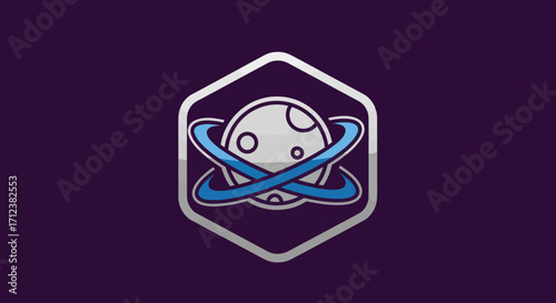 Space themed logo featuring a stylized moon orbiting planets and a hexagonal badge design.
