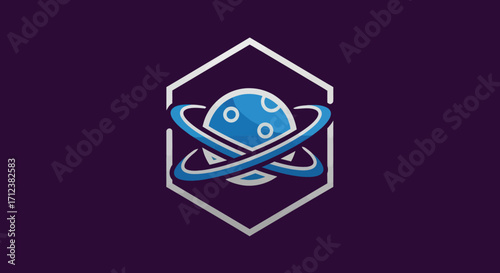 Stylized Planet with Rings in Hexagon Frame Science and Technology Logo.