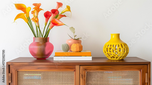 Bright modern home decor with colorful vases and books on a wooden cabinet against white wall