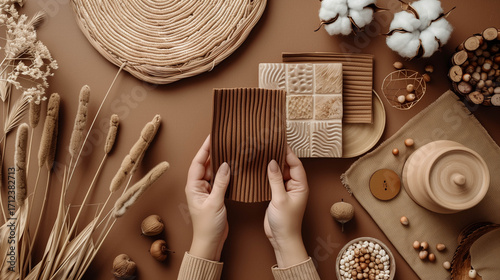 Flat lay with hands holding wood material samples among autumn-themed natural design elements